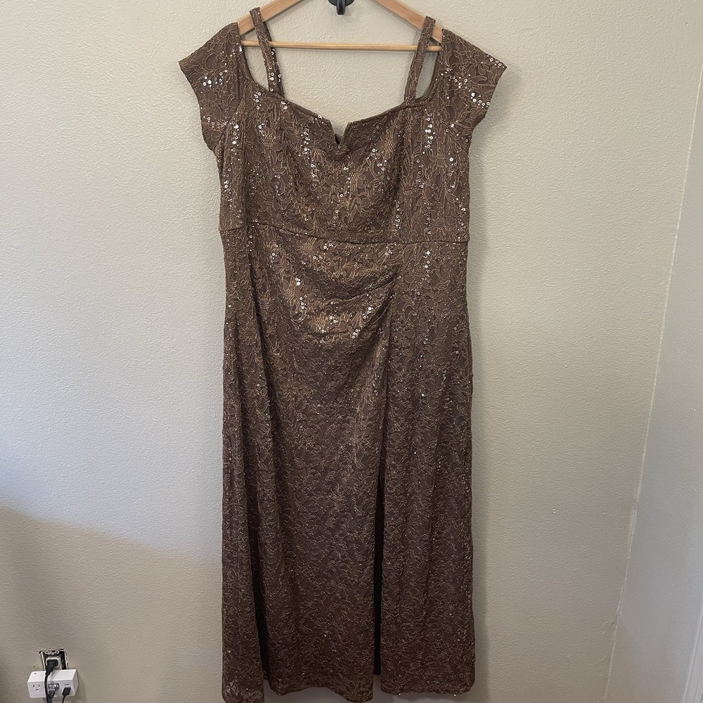 NEW Candelite‎ Formal Dress Brown Lace Sequins Slit Ruched MOB MOG Plus Sz 2X